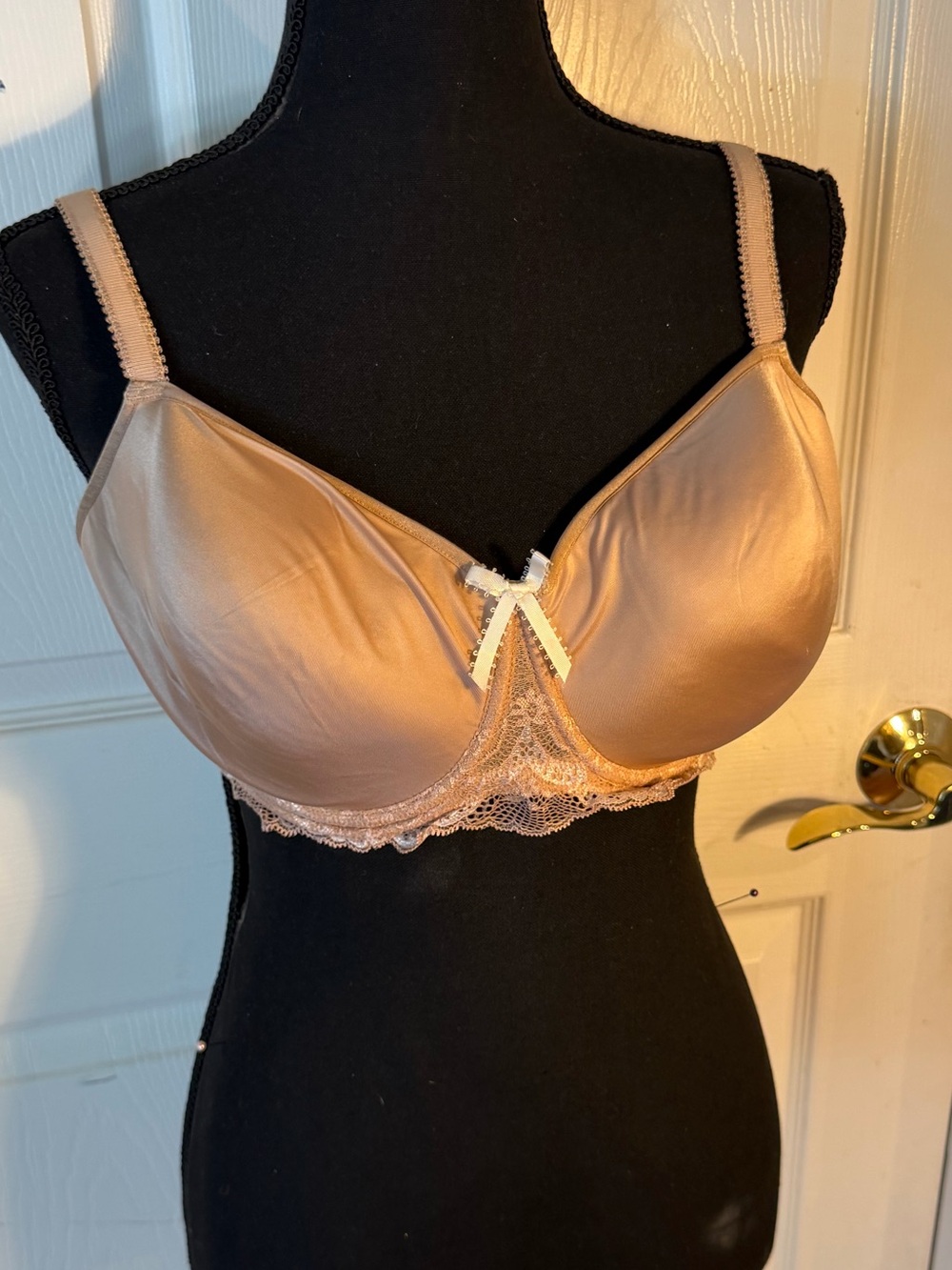 Le Mystere Satin Underwire Bra with Lace Trim in Nude